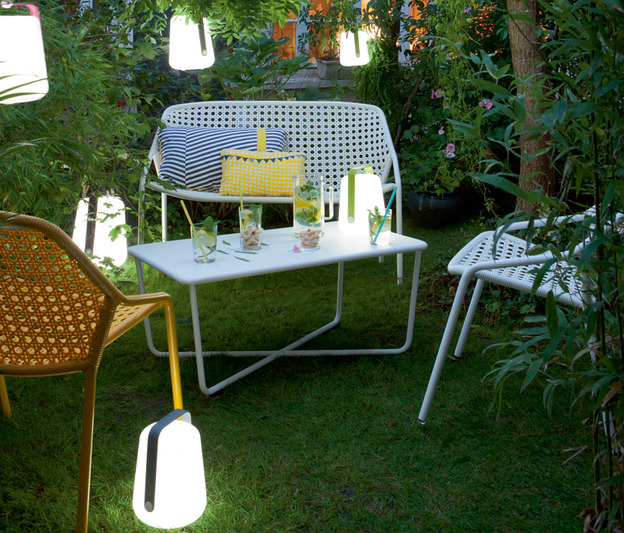 Fermob lamp Balad bank Croisette low table cushions